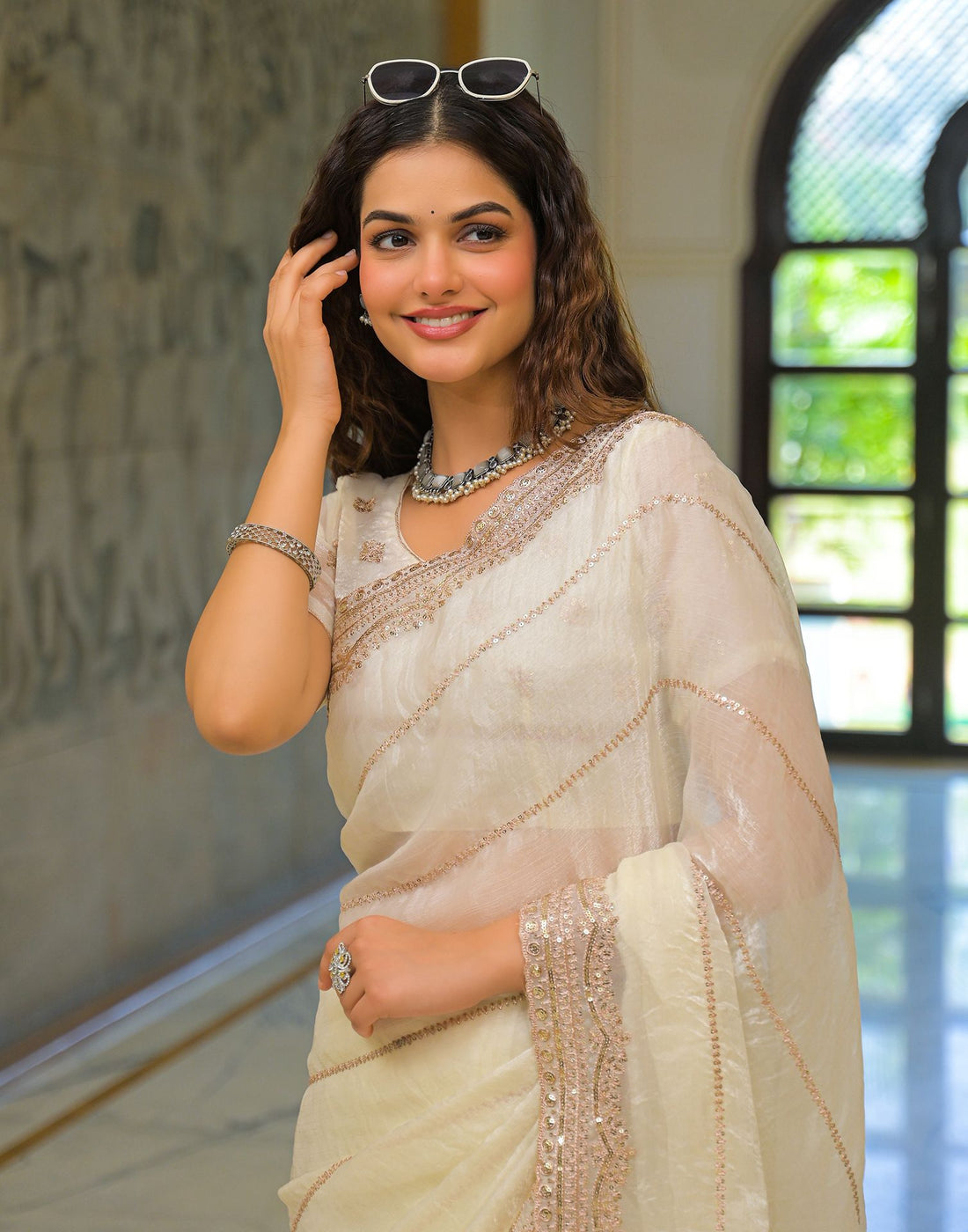 Off-White Shimmer Sequence Embroidery Saree