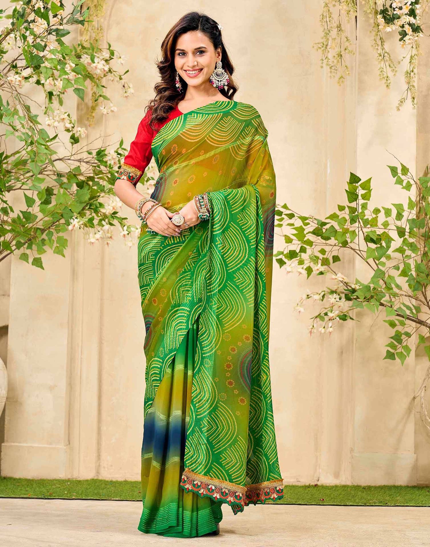 Lime Green Georgette Bandhani Printed Saree
