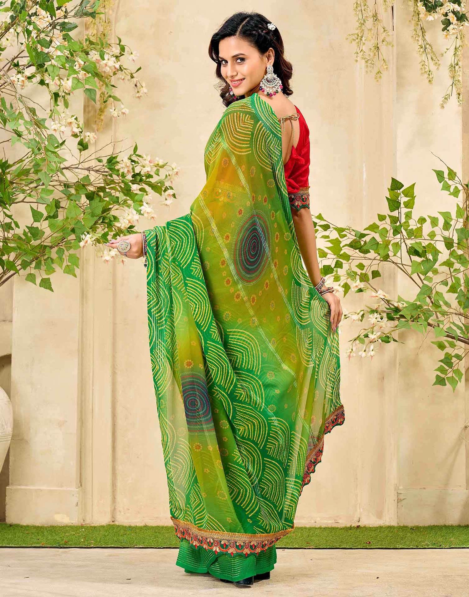 Lime Green Georgette Bandhani Printed Saree