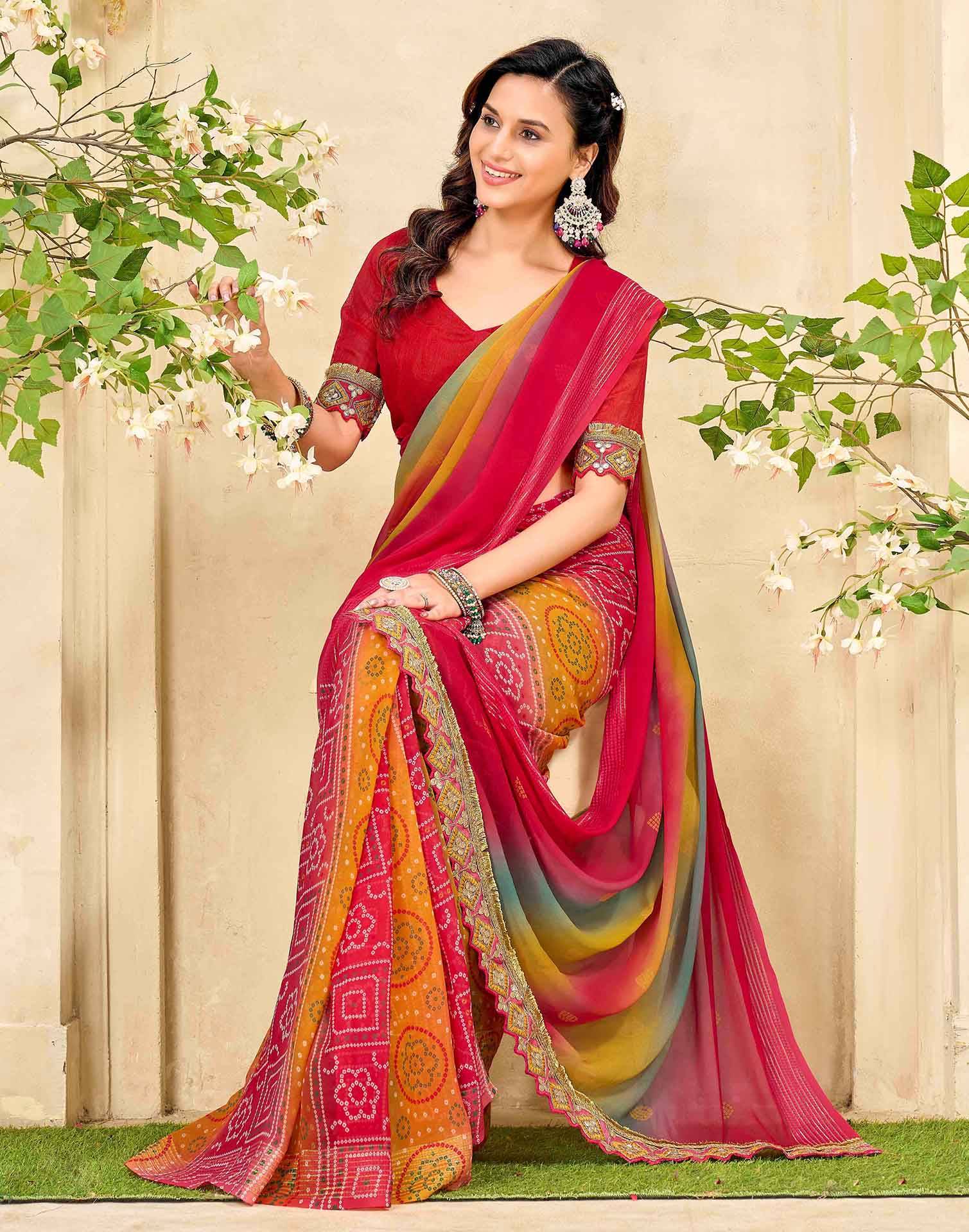 Pink Georgette Bandhani Printed Saree