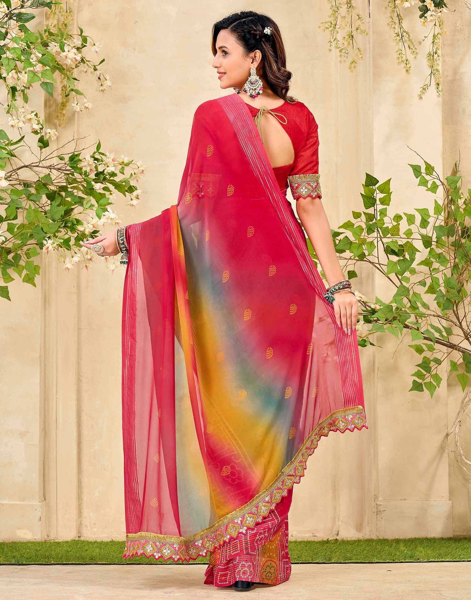 Pink Georgette Bandhani Printed Saree