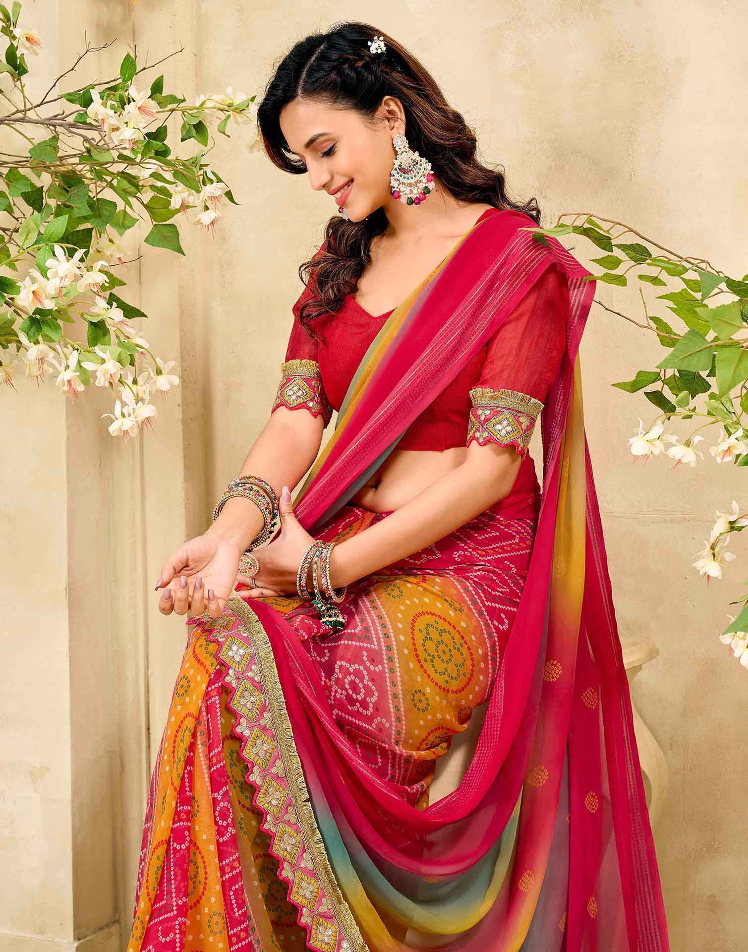 Pink Georgette Bandhani Printed Saree