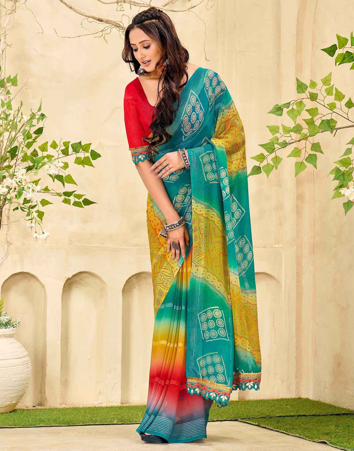 Teal Blue Georgette Bandhani Printed Saree