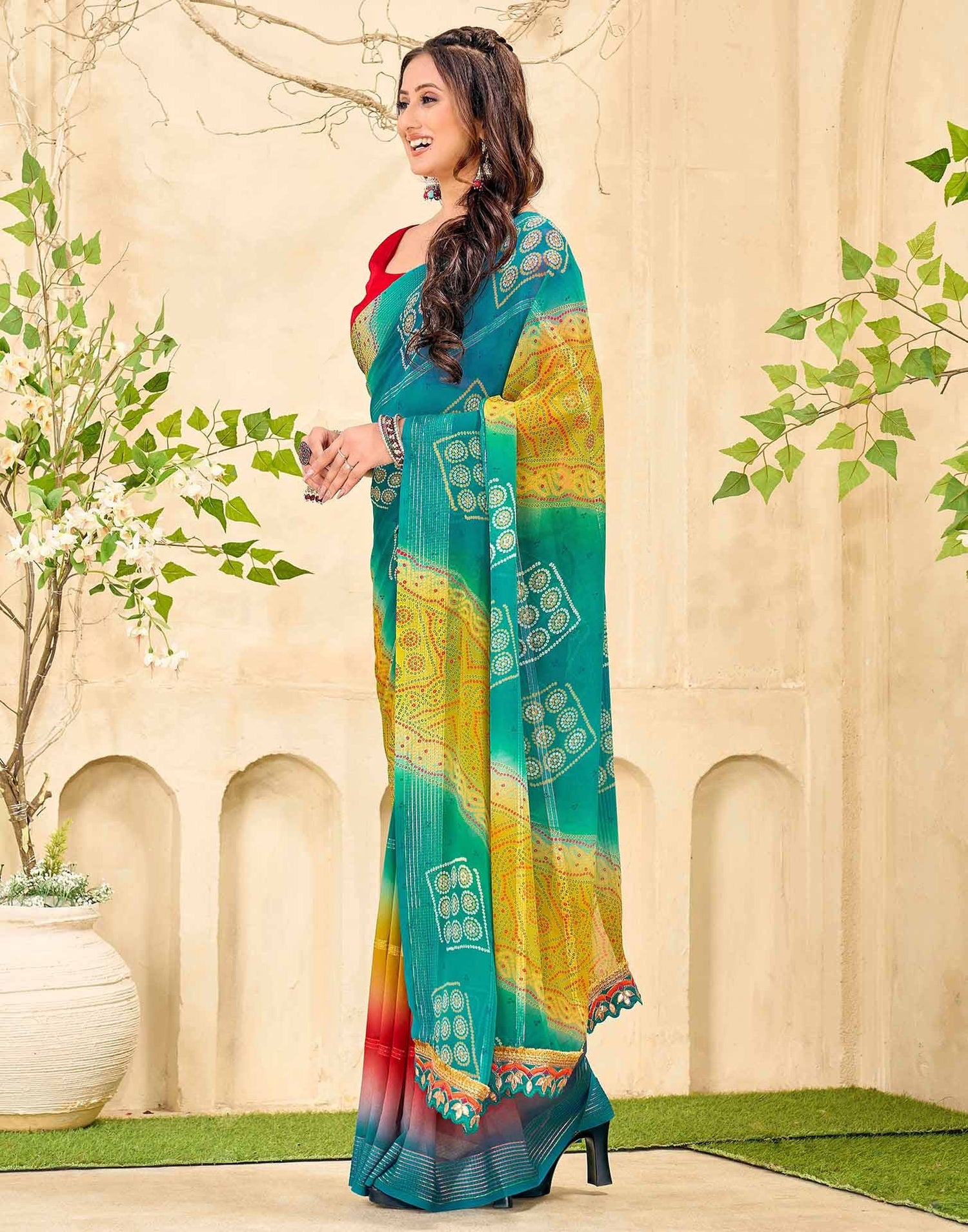 Teal Blue Georgette Bandhani Printed Saree