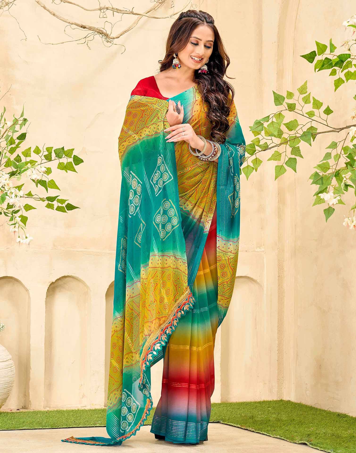 Teal Blue Georgette Bandhani Printed Saree