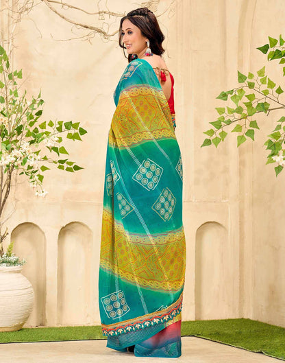 Teal Blue Georgette Bandhani Printed Saree