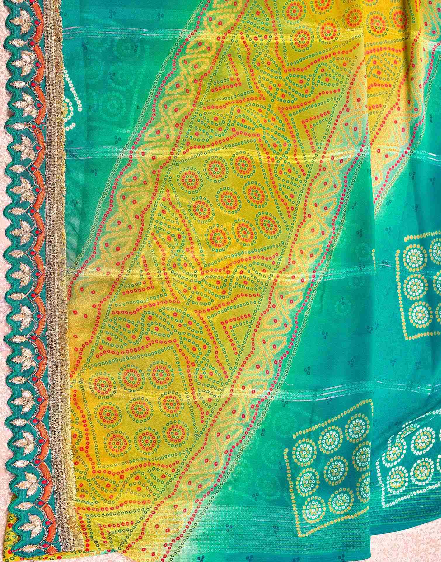 Teal Blue Georgette Bandhani Printed Saree