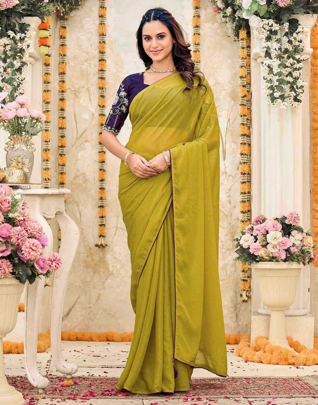 Lime Yellow Georgette Stone Work Swarovski  Saree