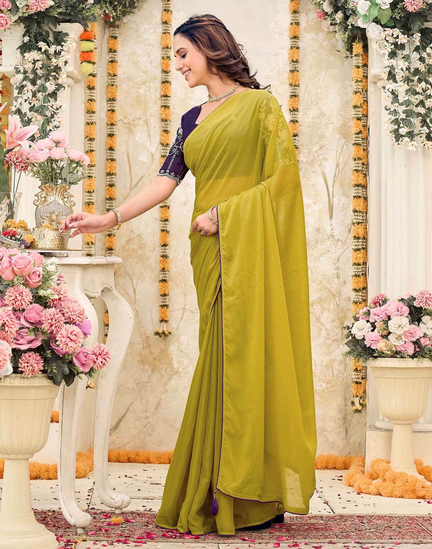 Lime Yellow Georgette Stone Work Swarovski  Saree
