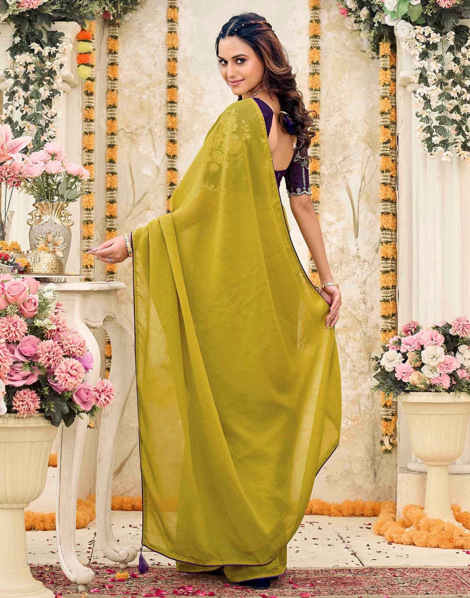 Lime Yellow Georgette Stone Work Swarovski  Saree