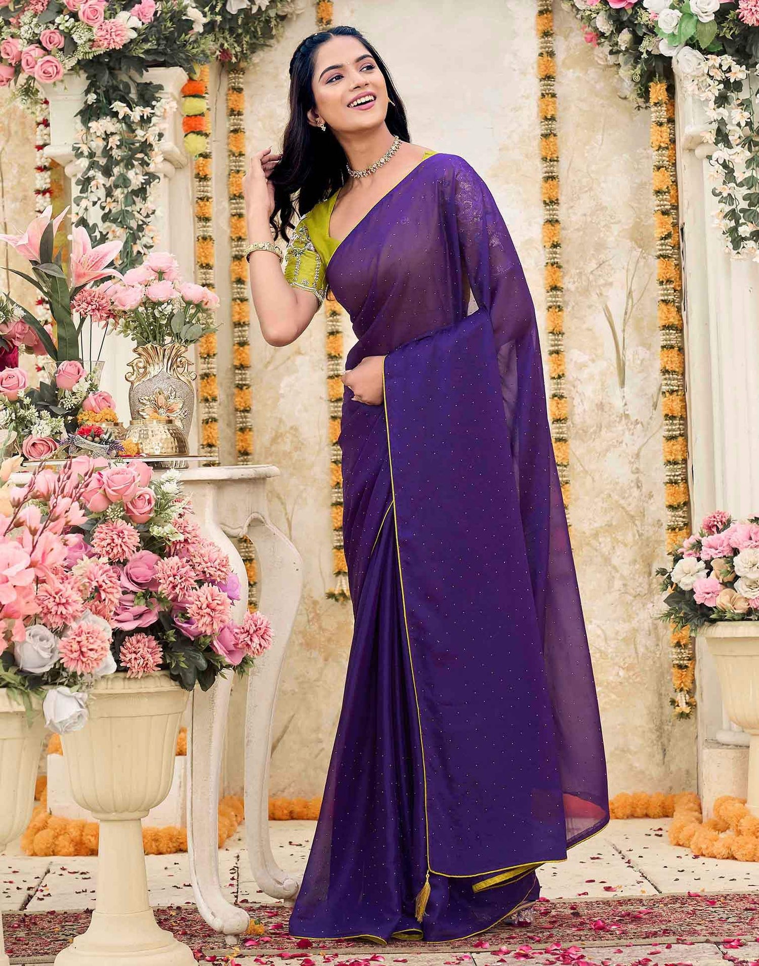 Violet Georgette Stone Work Swarovski  Saree