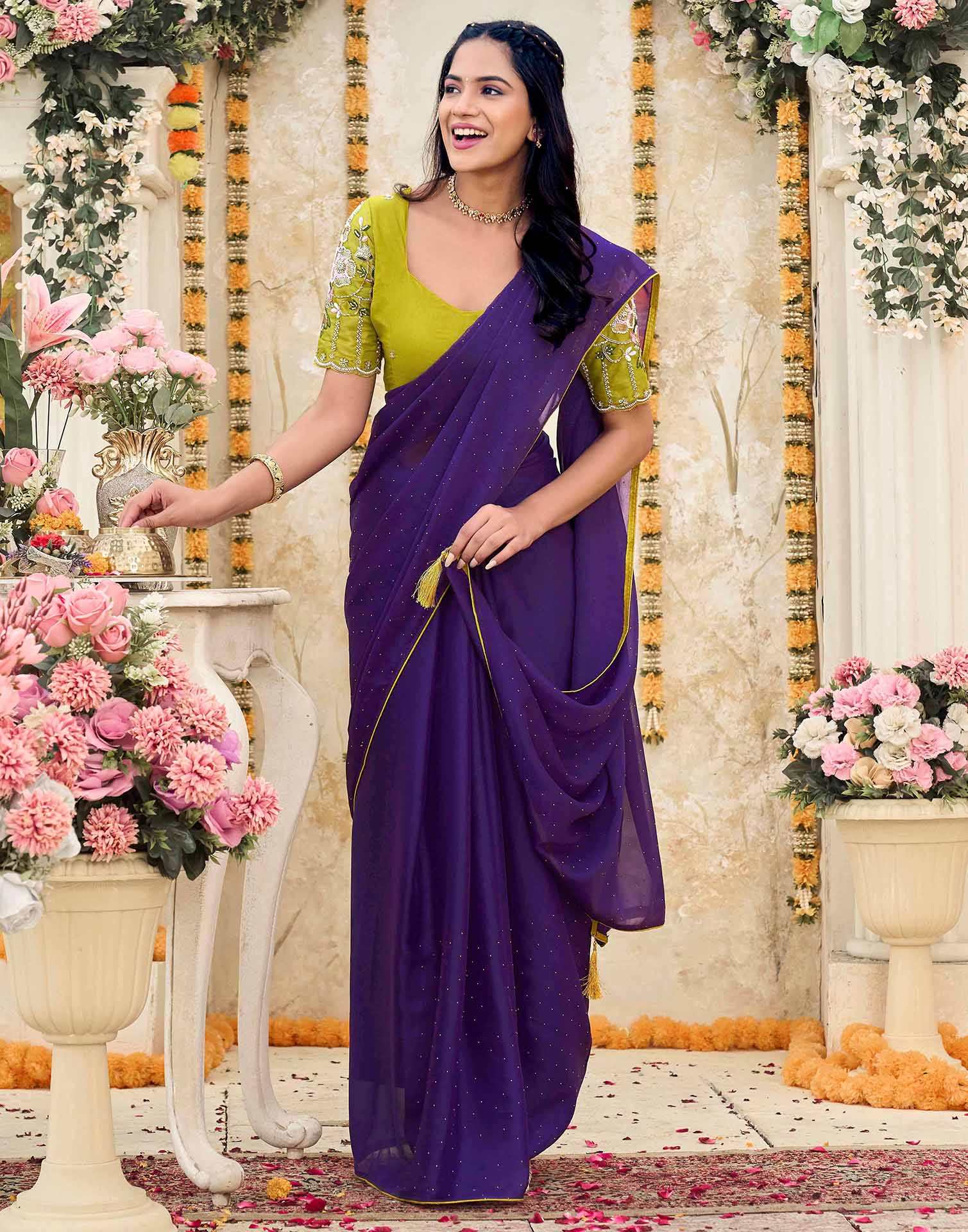 Violet Georgette Stone Work Swarovski  Saree