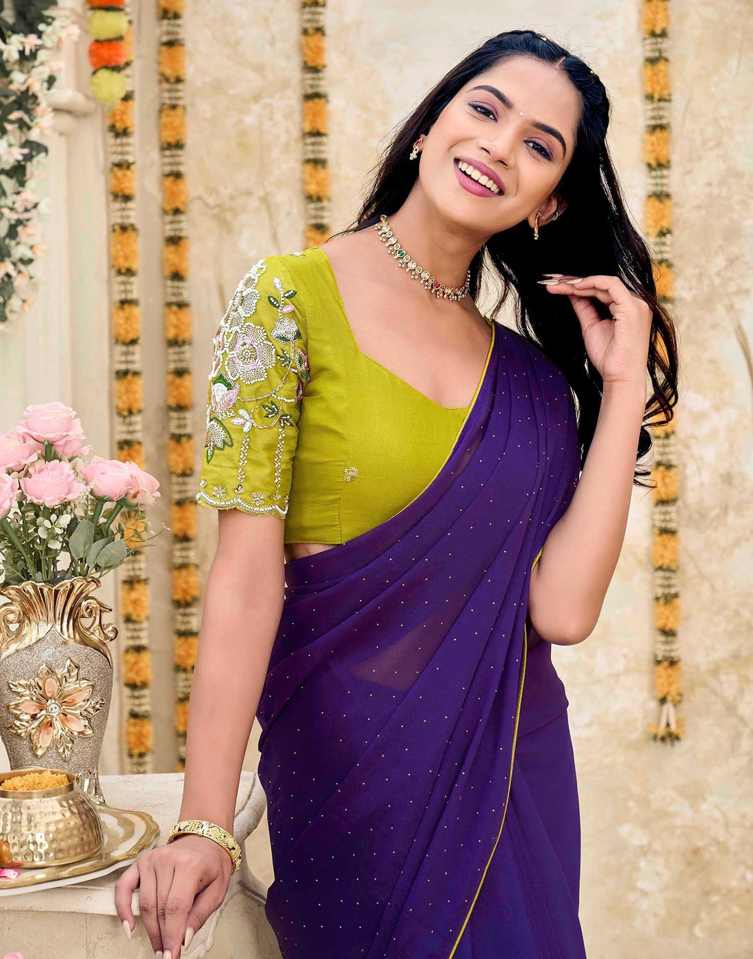Violet Georgette Stone Work Swarovski  Saree