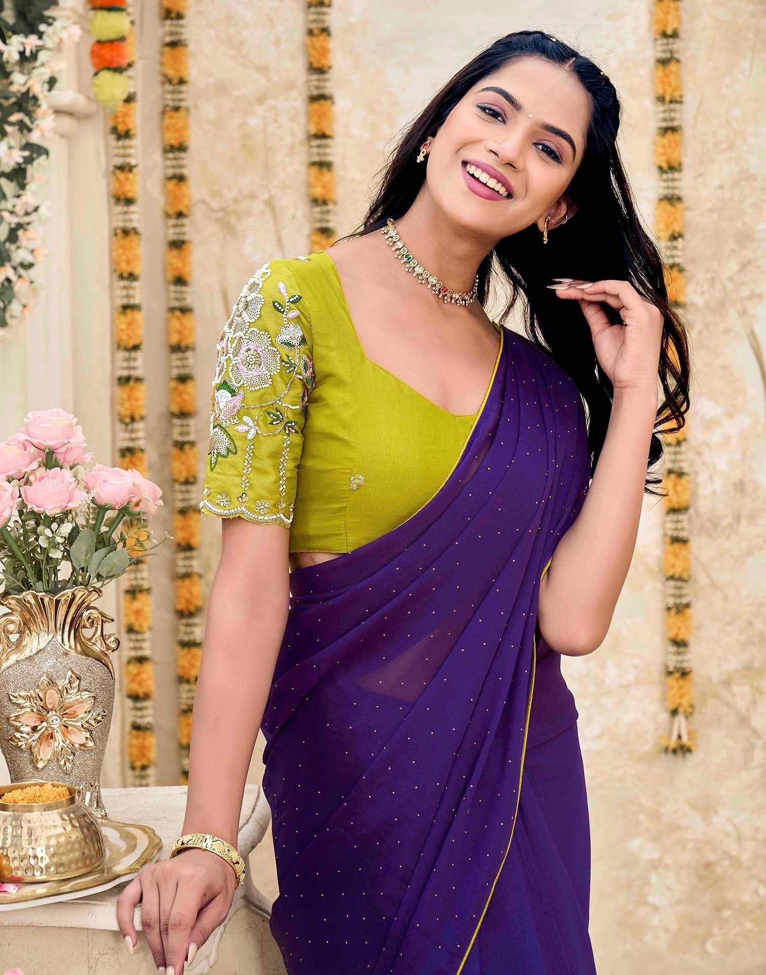 Violet Georgette Stone Work Swarovski  Saree