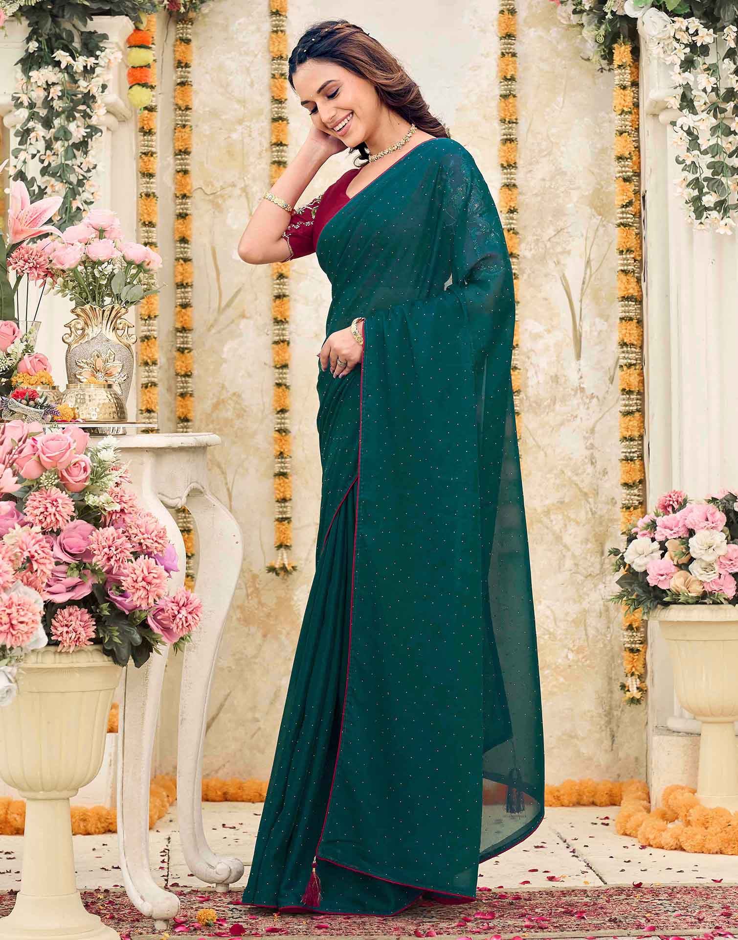 Dark Teal Green Georgette Stone Work Swarovski  Saree