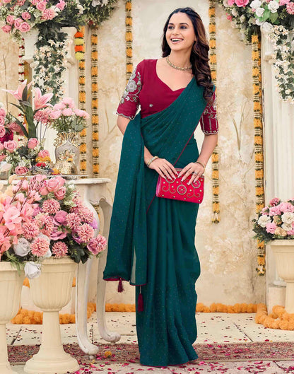 Dark Teal Green Georgette Stone Work Swarovski  Saree