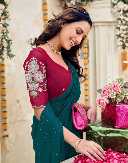 Dark Teal Green Georgette Stone Work Swarovski  Saree