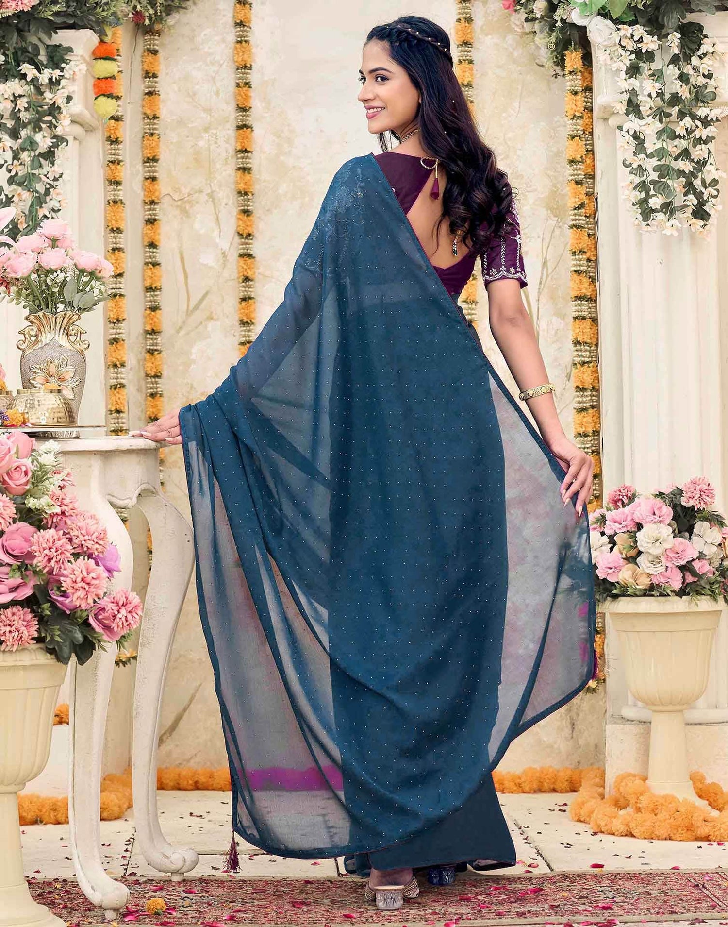 Dusty Navy Blue Georgette Stone Work Swarovski  Saree