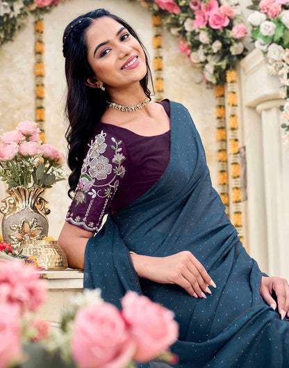 Dusty Navy Blue Georgette Stone Work Swarovski  Saree