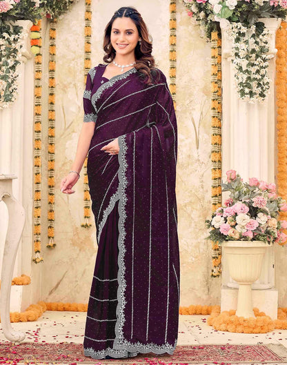 Wine Shimmer Georgette Embroidery Embellished Saree