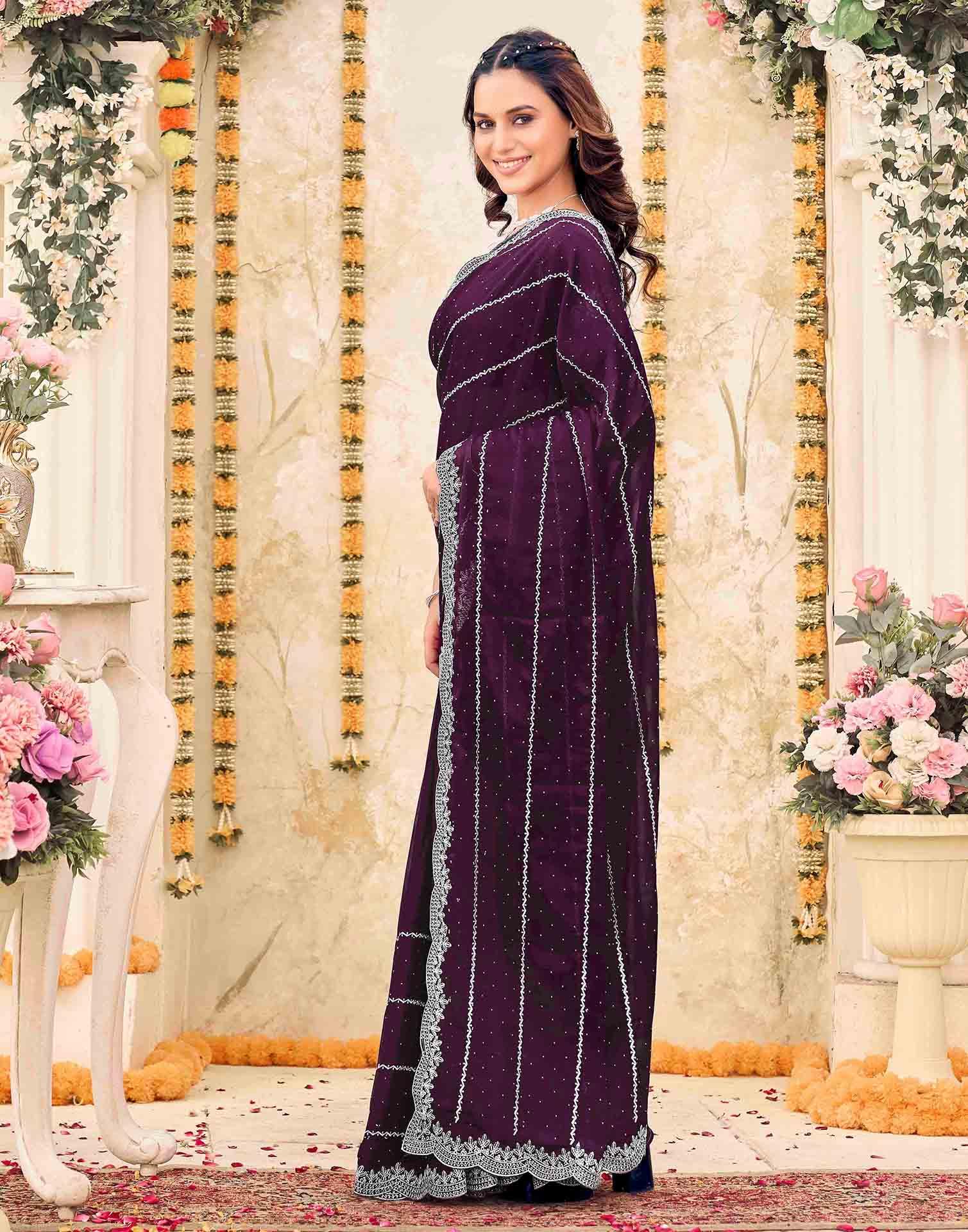 Wine Shimmer Georgette Embroidery Embellished Saree