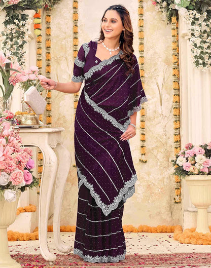 Wine Shimmer Georgette Embroidery Embellished Saree