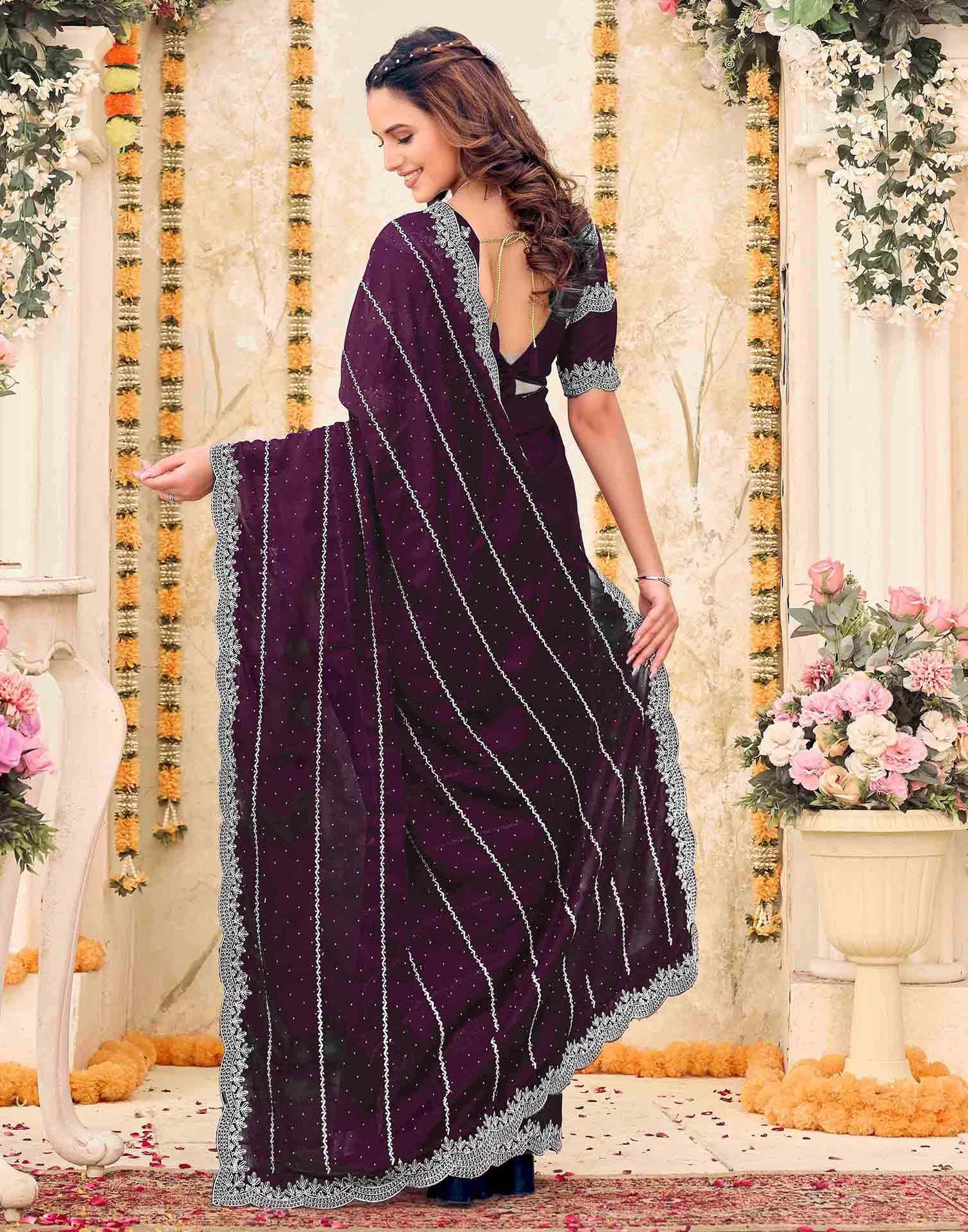 Wine Shimmer Georgette Embroidery Embellished Saree