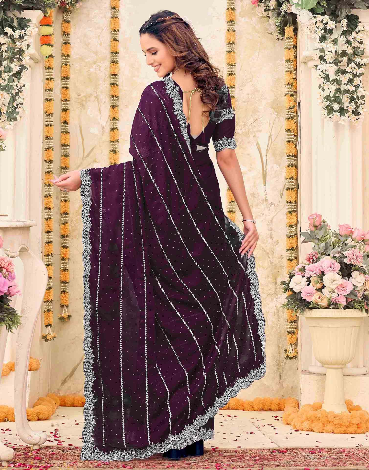 Wine Shimmer Georgette Embroidery Embellished Saree