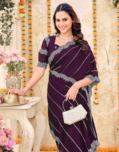 Wine Shimmer Georgette Embroidery Embellished Saree