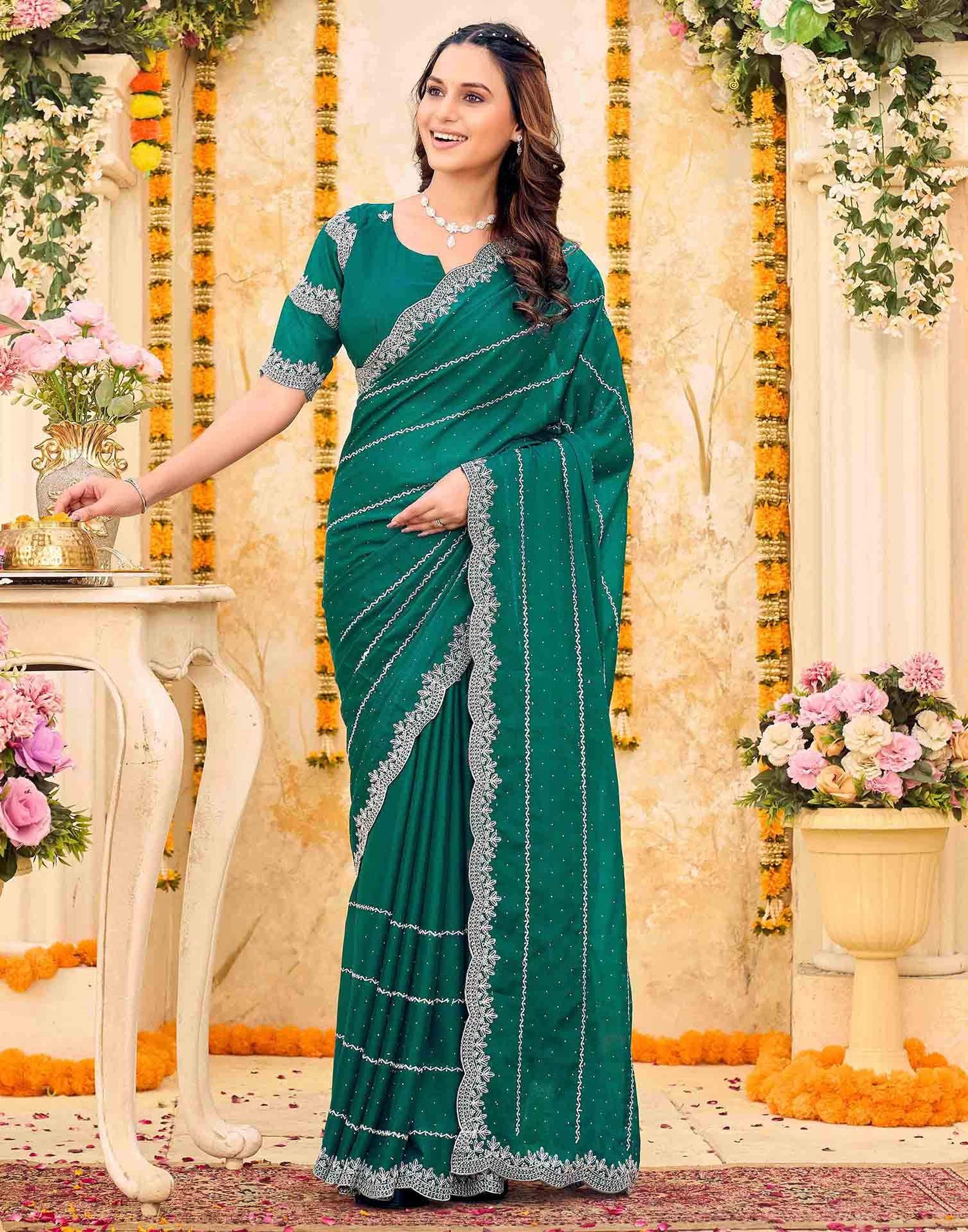 Teal Green Shimmer Georgette Embroidery Embellished Saree