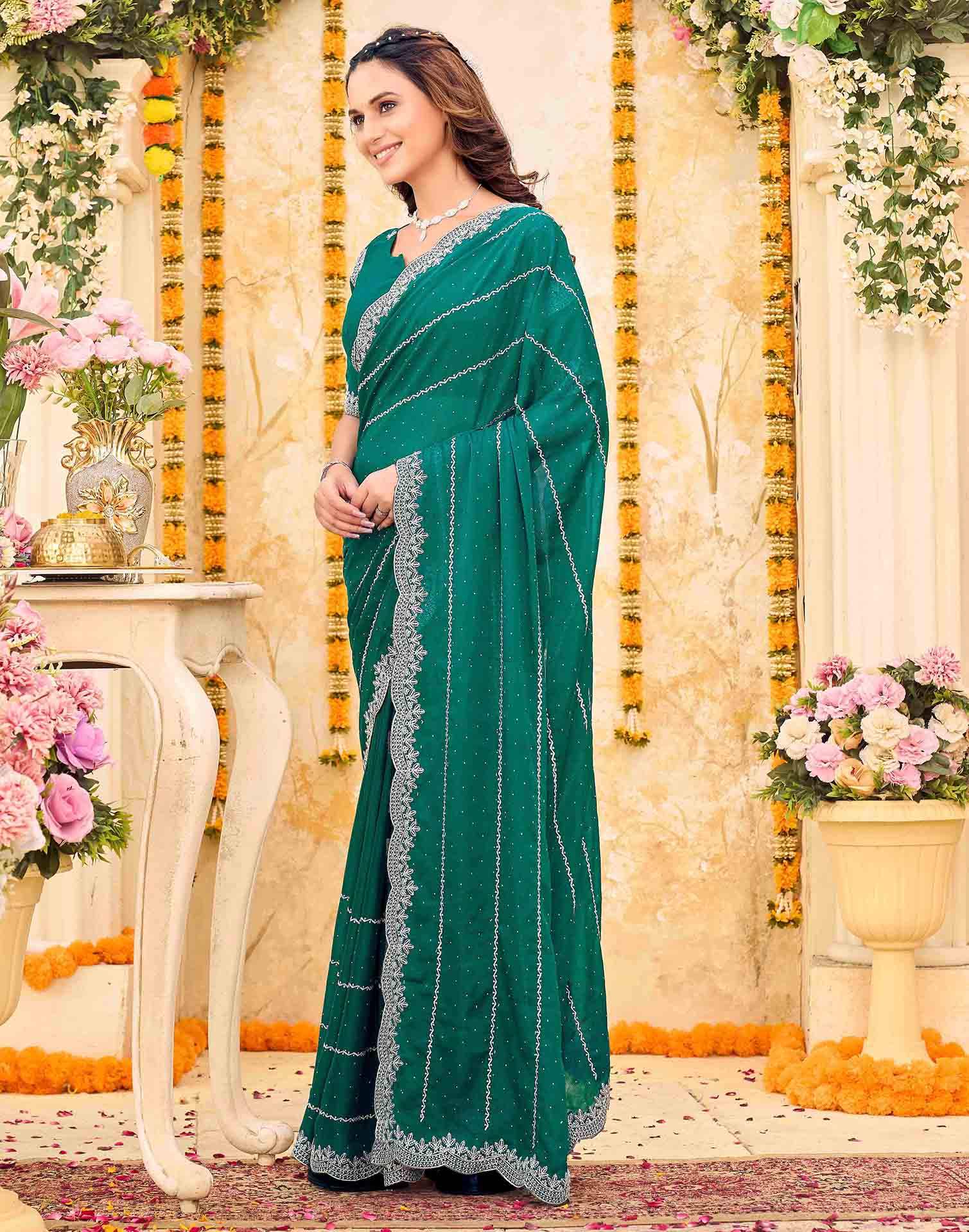 Teal Green Shimmer Georgette Embroidery Embellished Saree