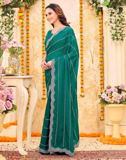Teal Green Shimmer Georgette Embroidery Embellished Saree