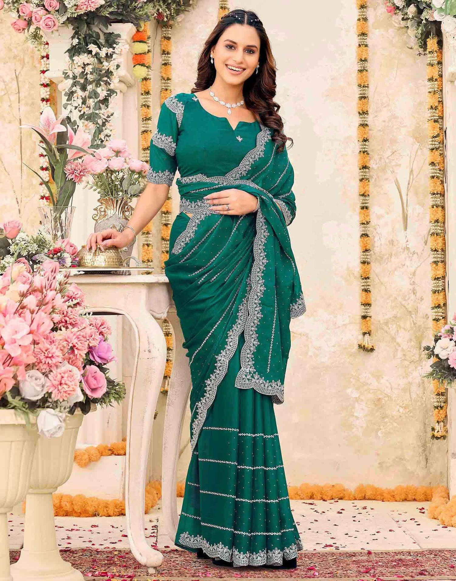 Teal Green Shimmer Georgette Embroidery Embellished Saree