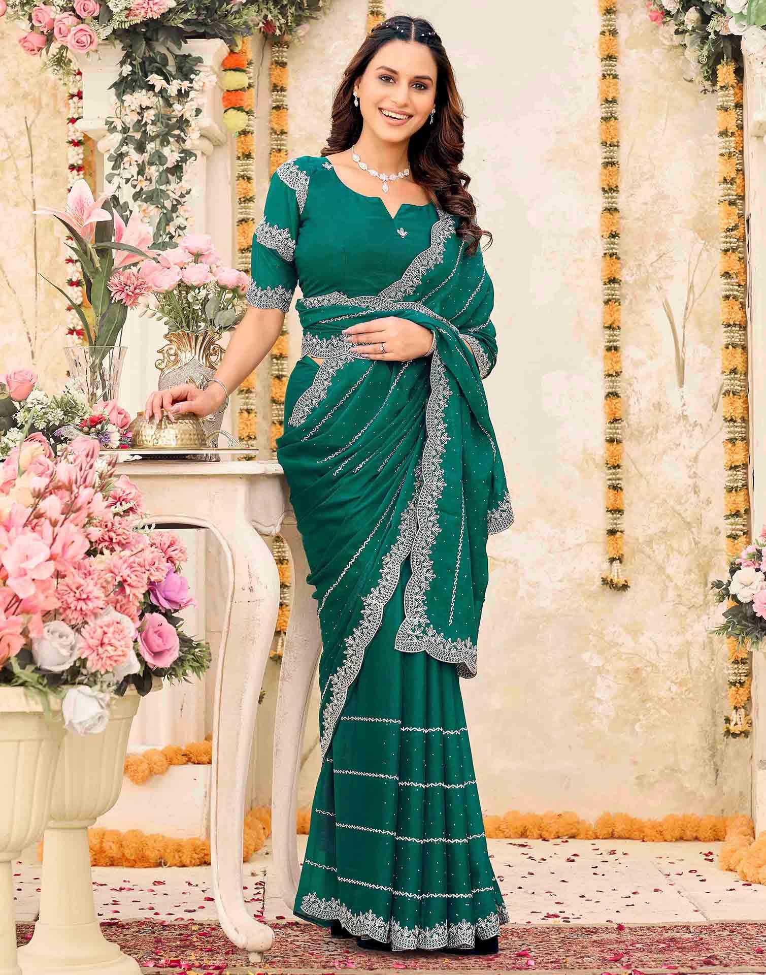 Teal Green Shimmer Georgette Embroidery Embellished Saree