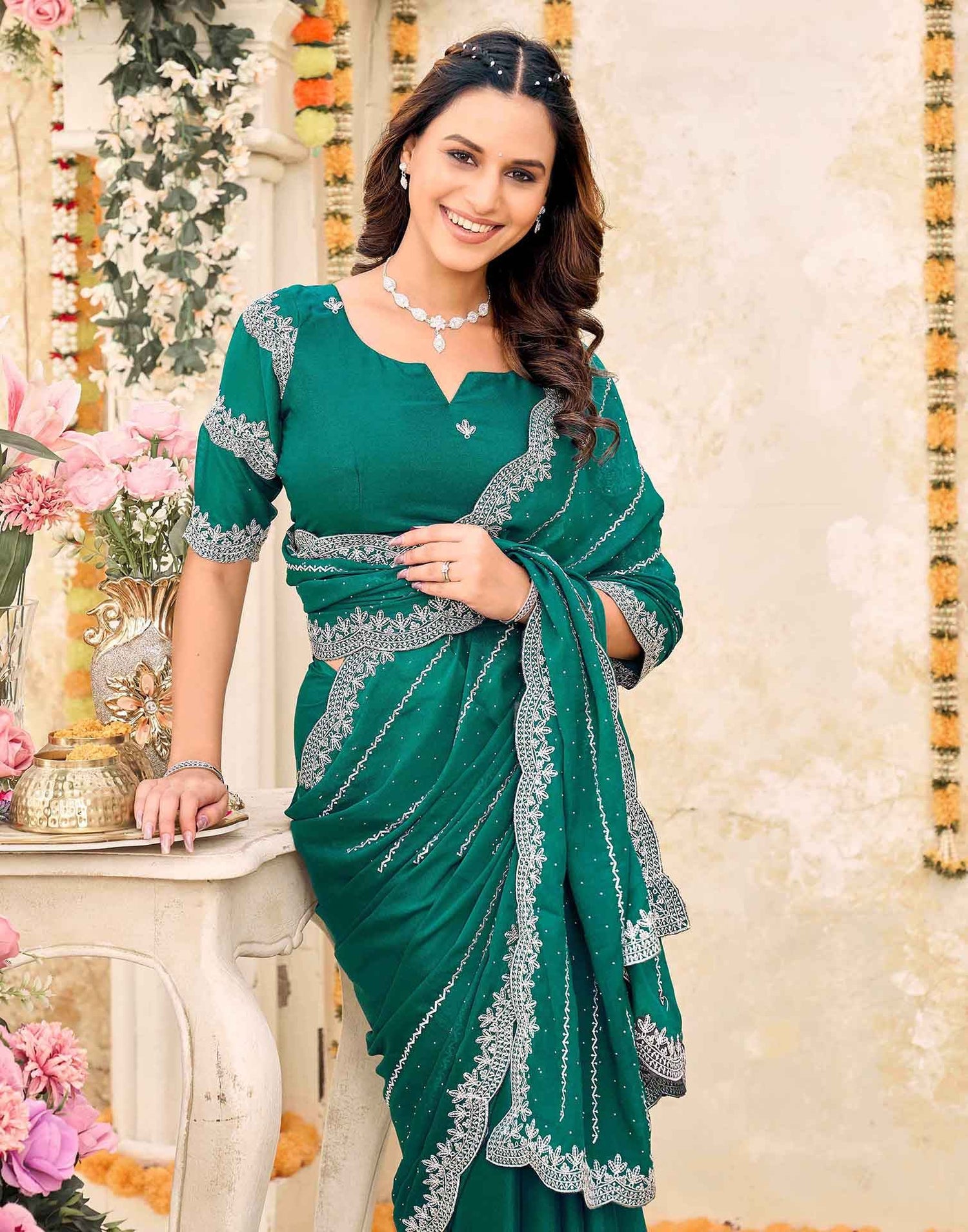 Teal Green Shimmer Georgette Embroidery Embellished Saree