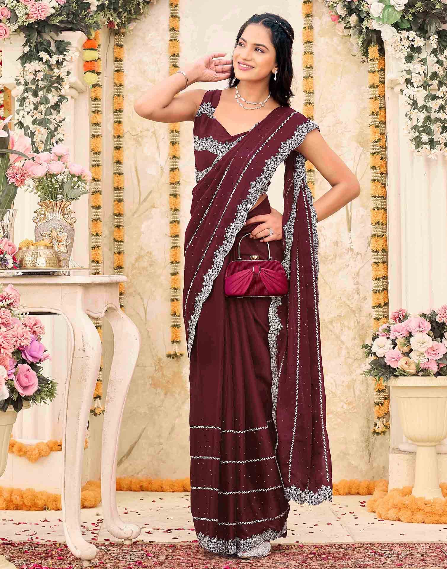 Maroon Shimmer Georgette Embroidery Embellished Saree