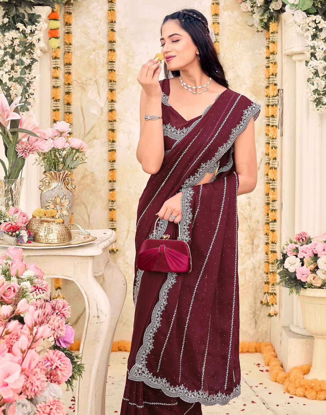 Maroon Shimmer Georgette Embroidery Embellished Saree