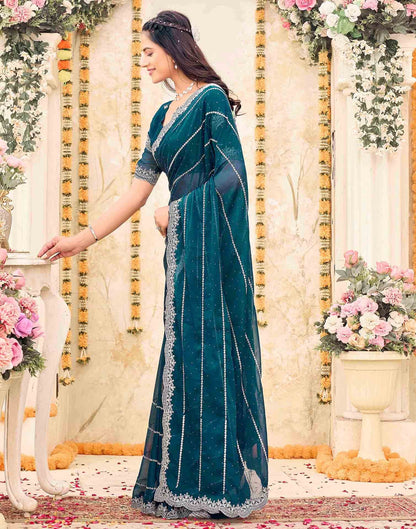 Rama Blue Shimmer Georgette Embroidery Embellished Saree
