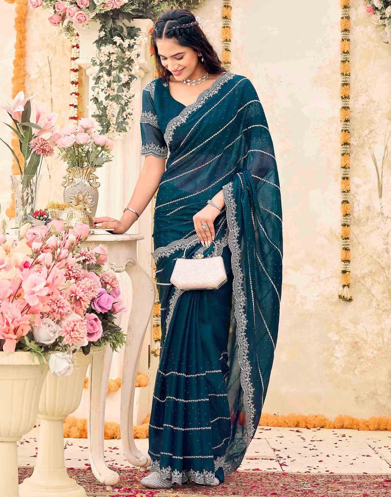 Rama Blue Shimmer Georgette Embroidery Embellished Saree