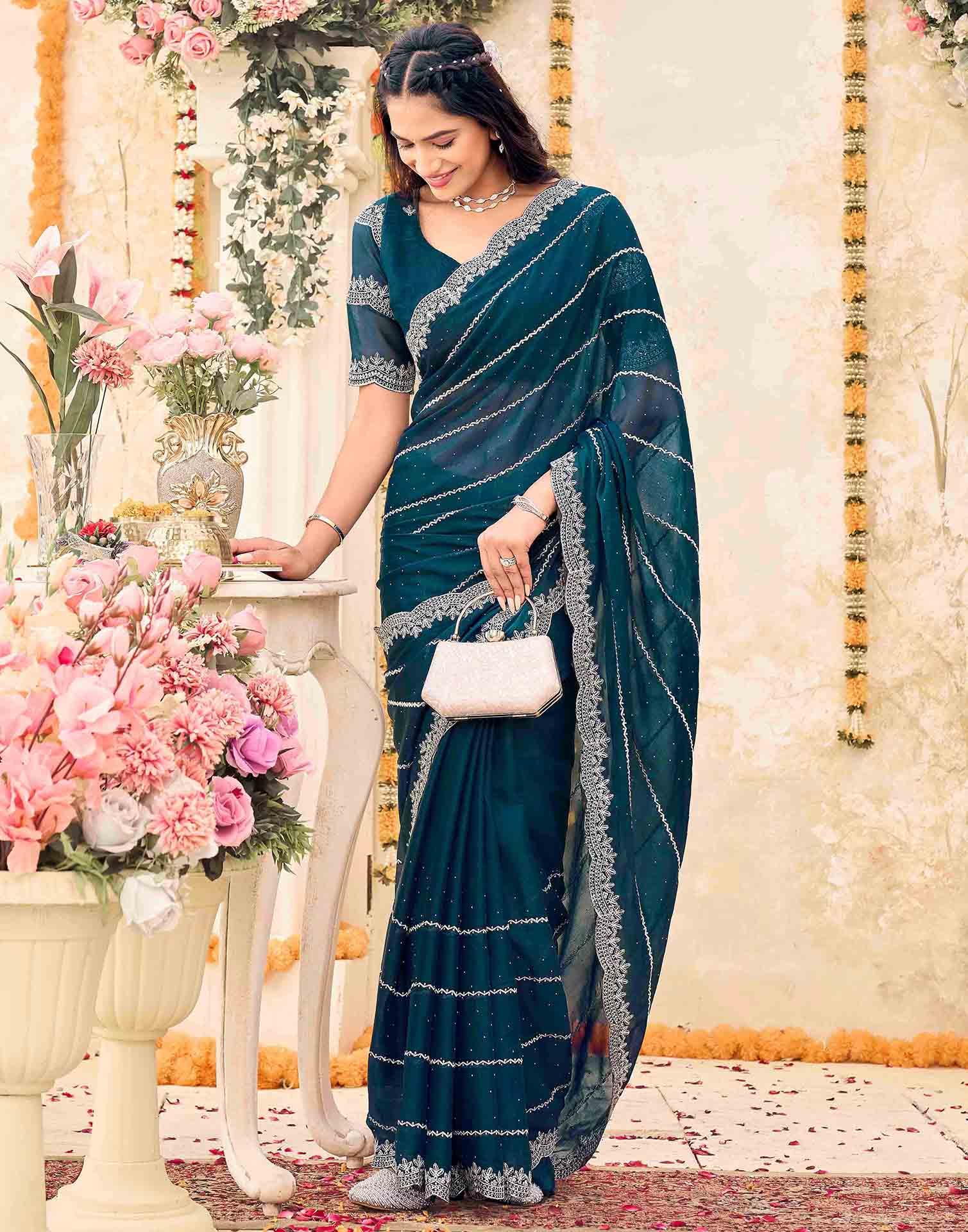 Rama Blue Shimmer Georgette Embroidery Embellished Saree