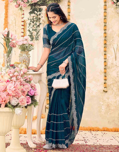 Rama Blue Shimmer Georgette Embroidery Embellished Saree