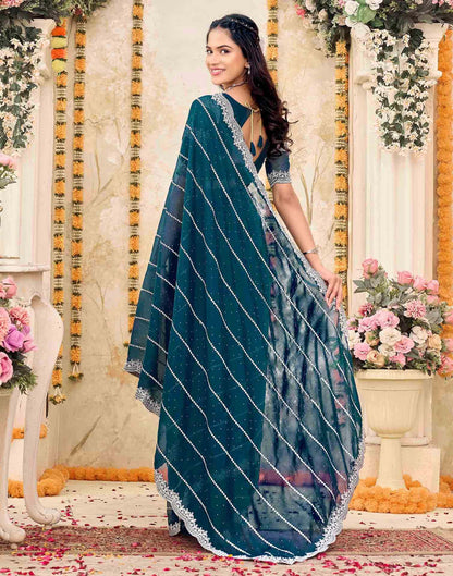 Rama Blue Shimmer Georgette Embroidery Embellished Saree