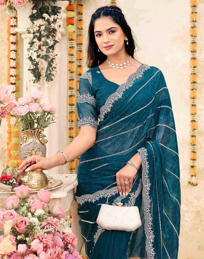Rama Blue Shimmer Georgette Embroidery Embellished Saree