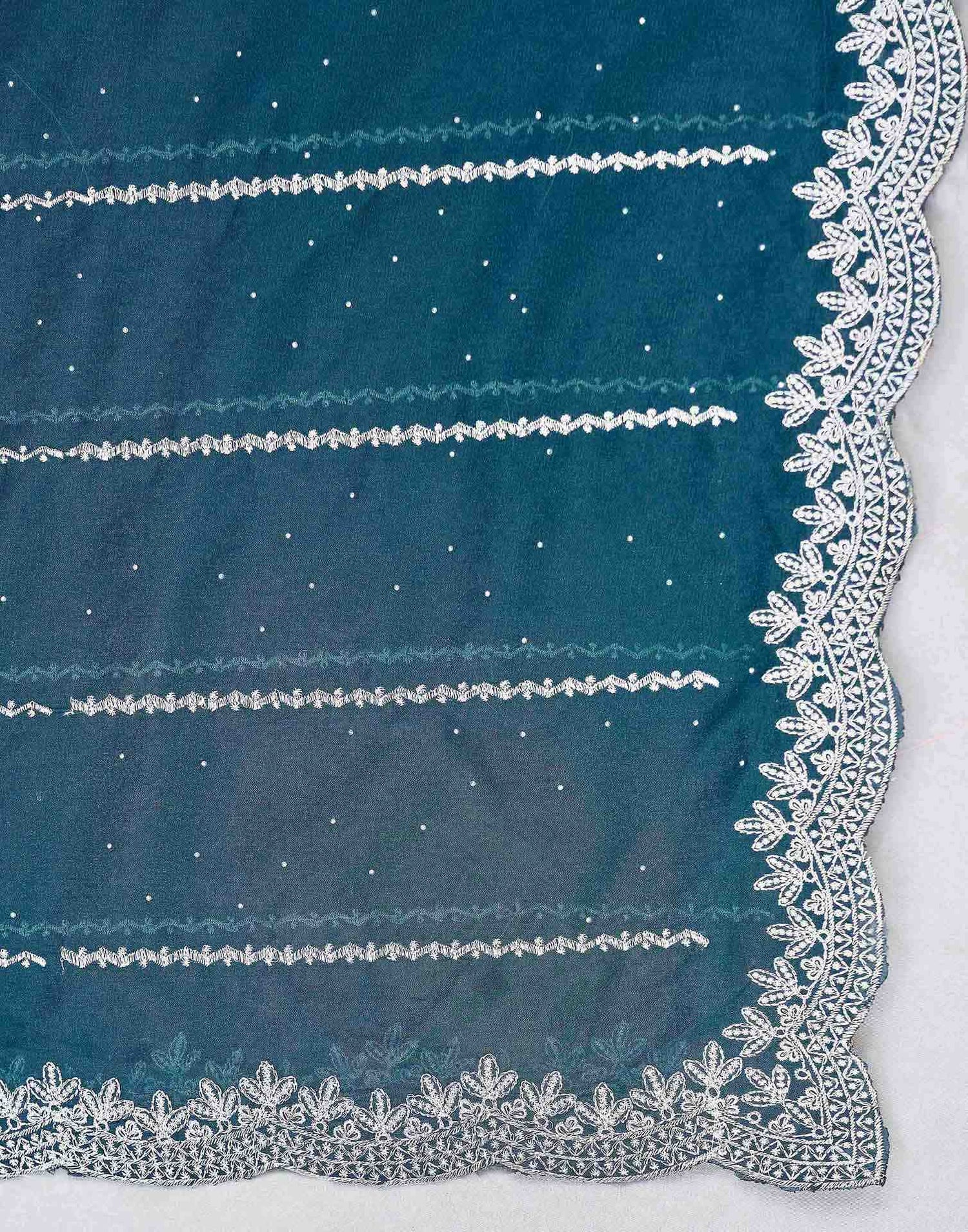 Rama Blue Shimmer Georgette Embroidery Embellished Saree