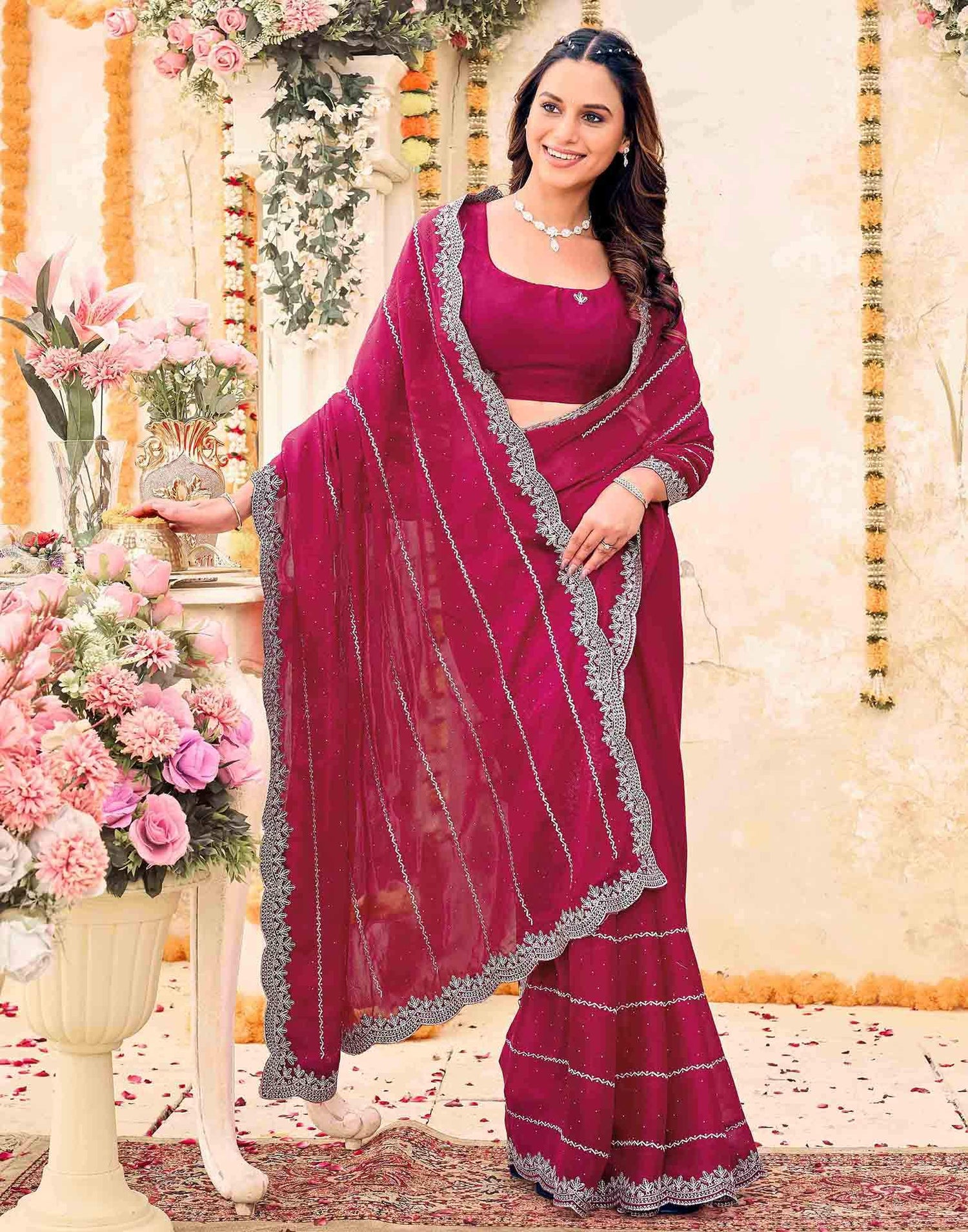 Pink Shimmer Georgette Embroidery Embellished Saree