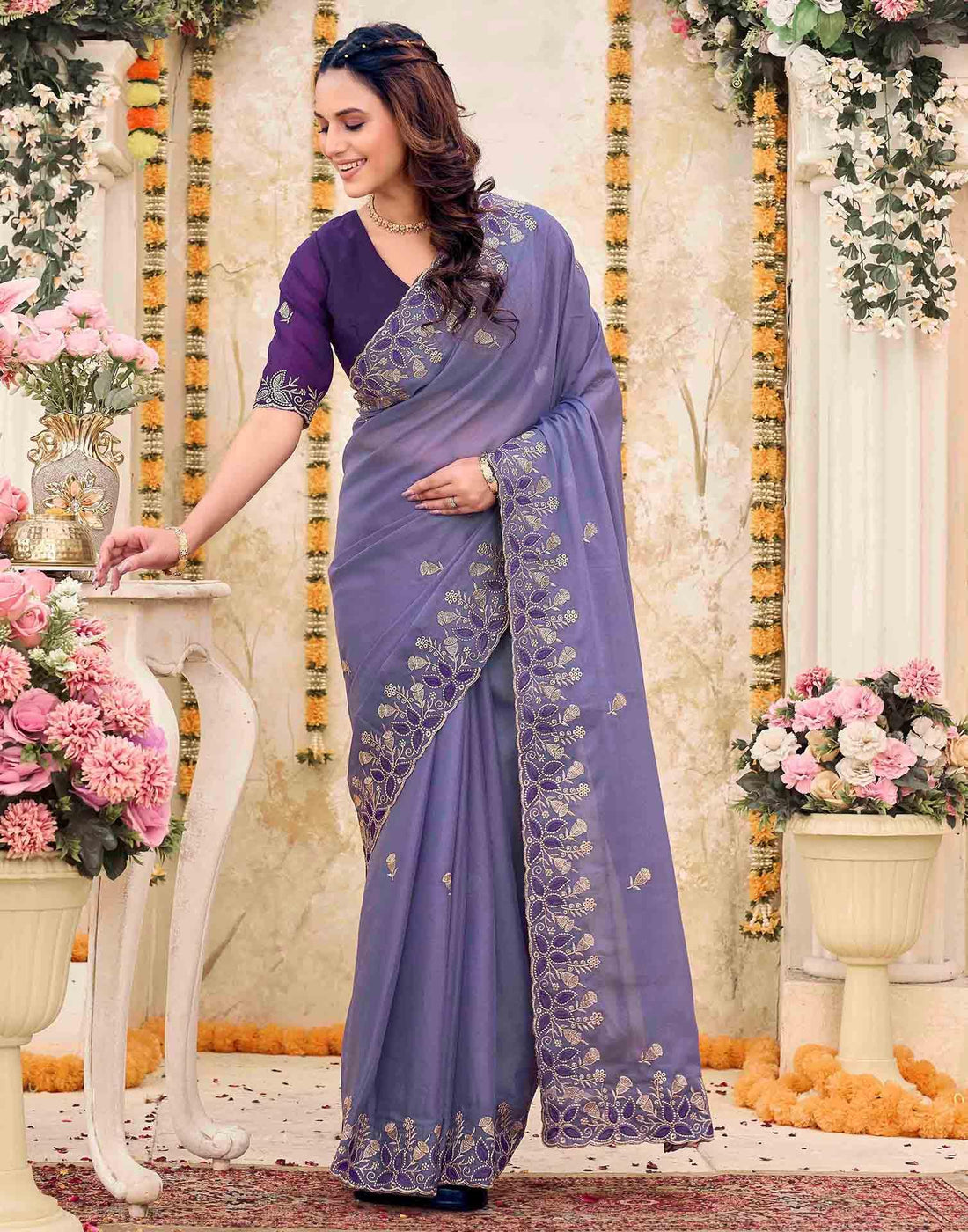 Dusty Purple Georgette Embroidery Saree