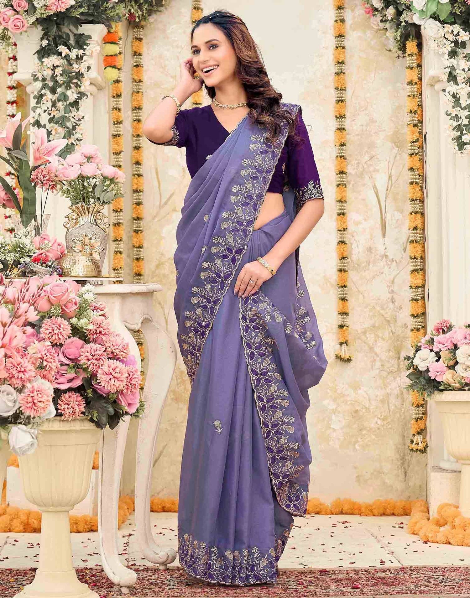 Dusty Purple Georgette Embroidery Saree