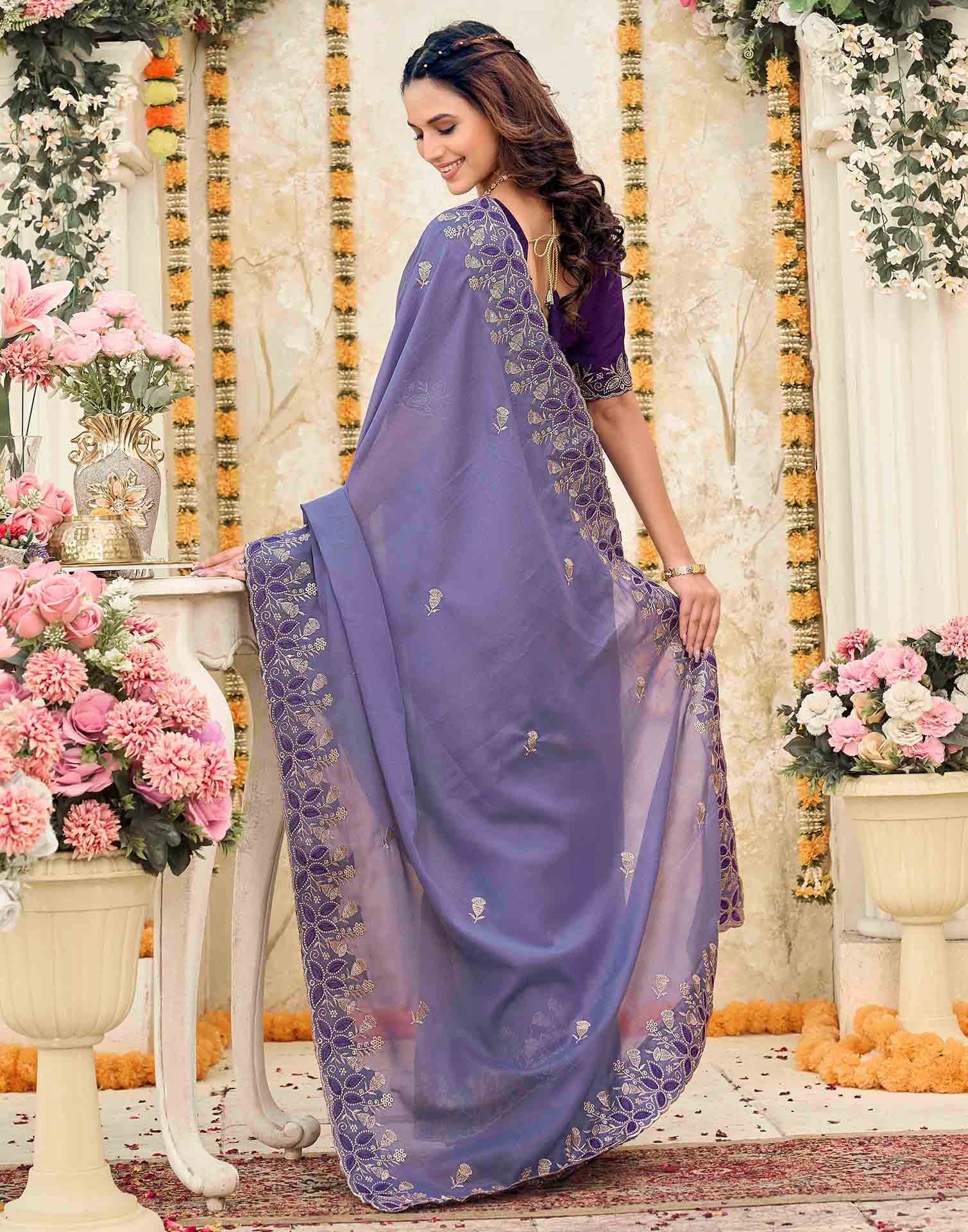 Dusty Purple Georgette Embroidery Saree