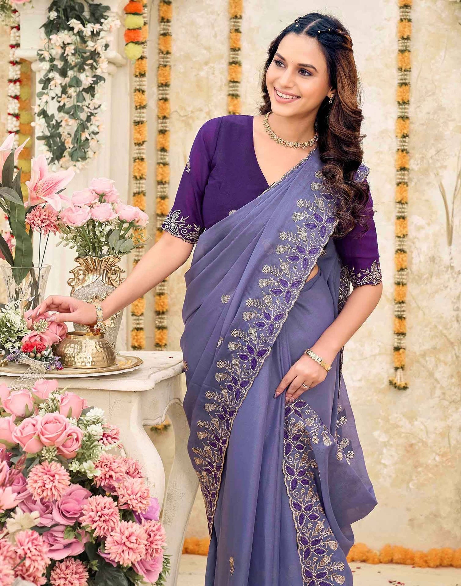 Dusty Purple Georgette Embroidery Saree