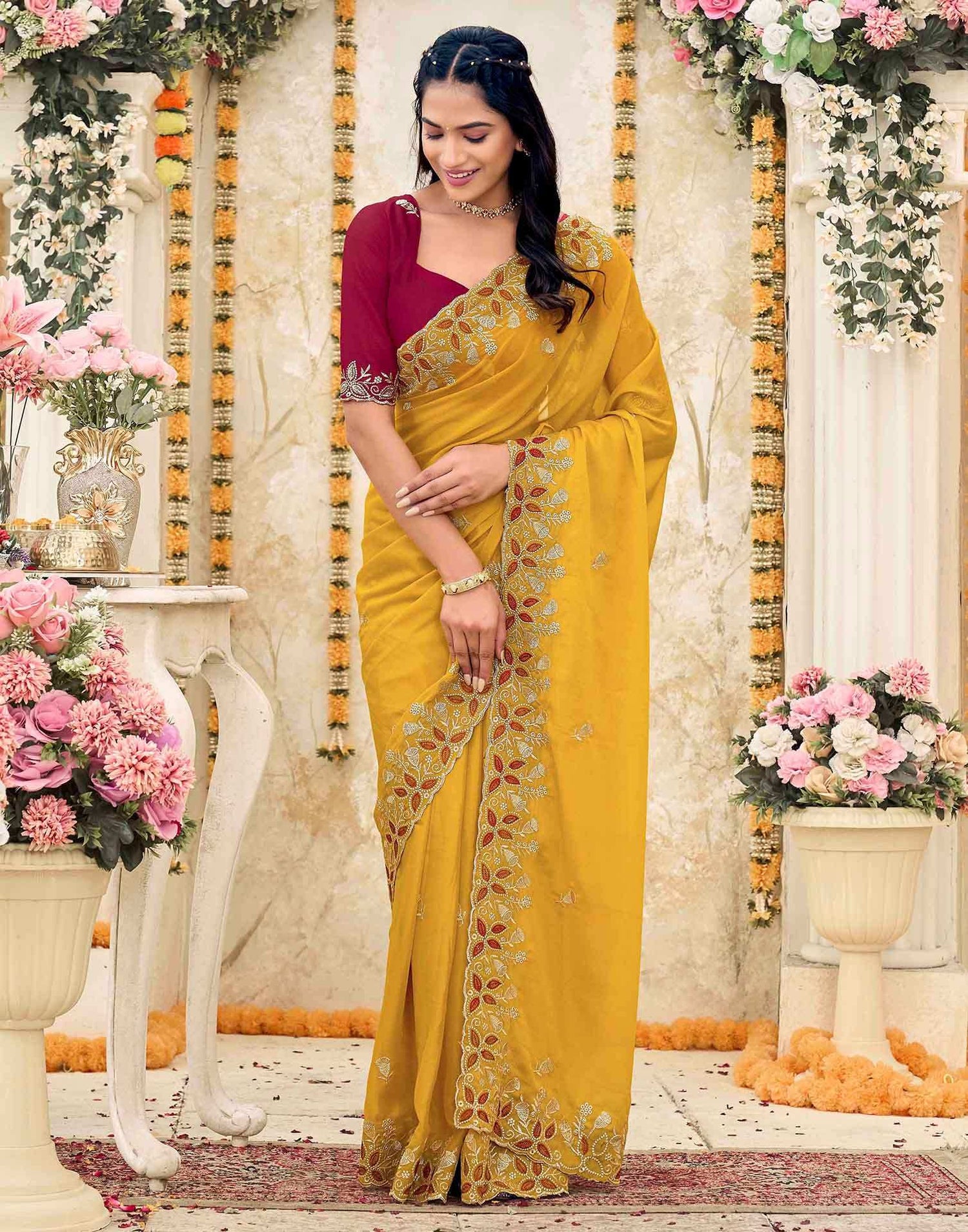 Yellow Georgette Embroidery Saree